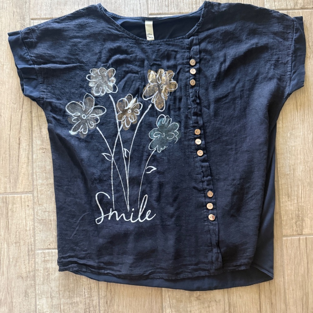 Made in Italy Navy Blue Linen Floral Smile Top Plus Size 2X Boho Button Cap Slve